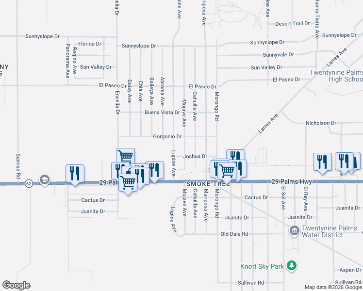 map of restaurants, bars, coffee shops, grocery stores, and more near 6336 Mojave Avenue in Twentynine Palms