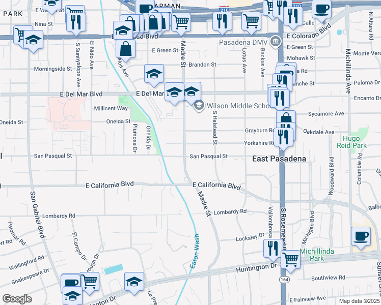 map of restaurants, bars, coffee shops, grocery stores, and more near 3364 Yorkshire Road in Pasadena