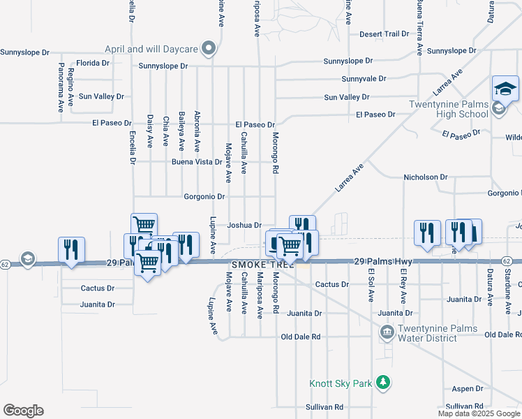 map of restaurants, bars, coffee shops, grocery stores, and more near 72043 Gorgonio Drive in Twentynine Palms