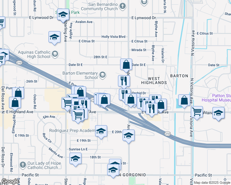 map of restaurants, bars, coffee shops, grocery stores, and more near 2225 Pumalo Street in San Bernardino