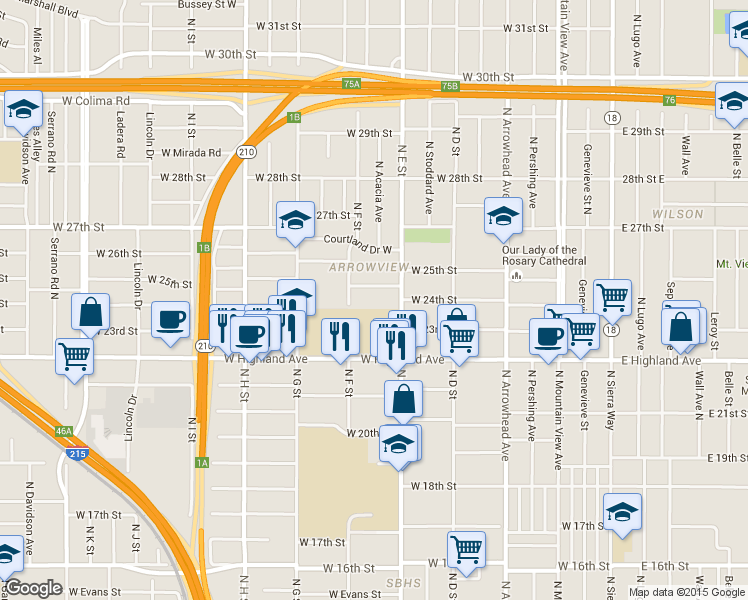 map of restaurants, bars, coffee shops, grocery stores, and more near 559 West 25th Street in San Bernardino