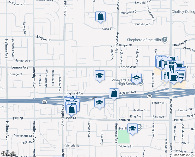 map of restaurants, bars, coffee shops, grocery stores, and more near 6372 Phillips Way in Rancho Cucamonga