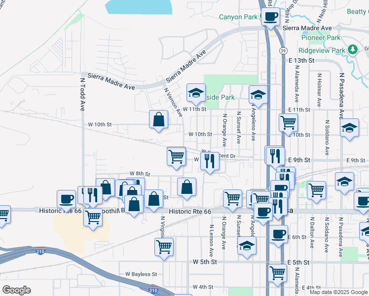map of restaurants, bars, coffee shops, grocery stores, and more near 939 North Vernon Avenue in Azusa