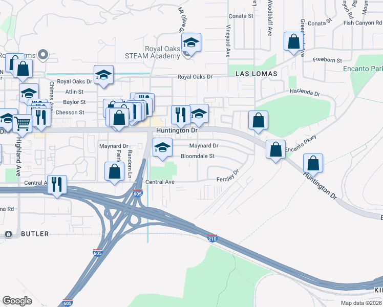 map of restaurants, bars, coffee shops, grocery stores, and more near 2437 Bloomdale Street in Duarte