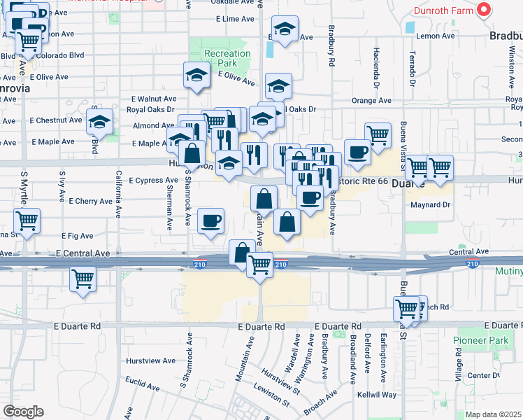map of restaurants, bars, coffee shops, grocery stores, and more near 1305 Mountain Avenue in Monrovia