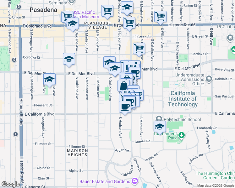 map of restaurants, bars, coffee shops, grocery stores, and more near 415 South Hudson Avenue in Pasadena