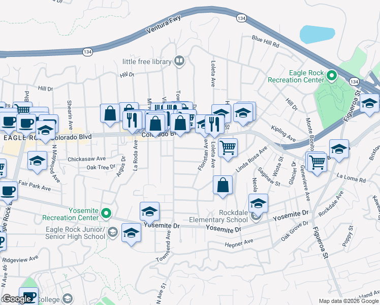 map of restaurants, bars, coffee shops, grocery stores, and more near 1560 Waldran Avenue in Los Angeles