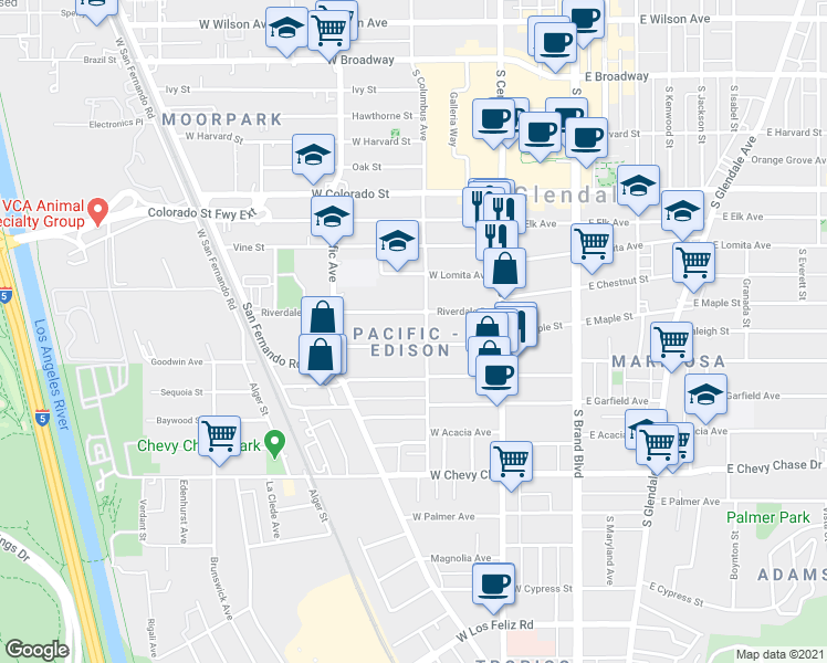 map of restaurants, bars, coffee shops, grocery stores, and more near in Glendale