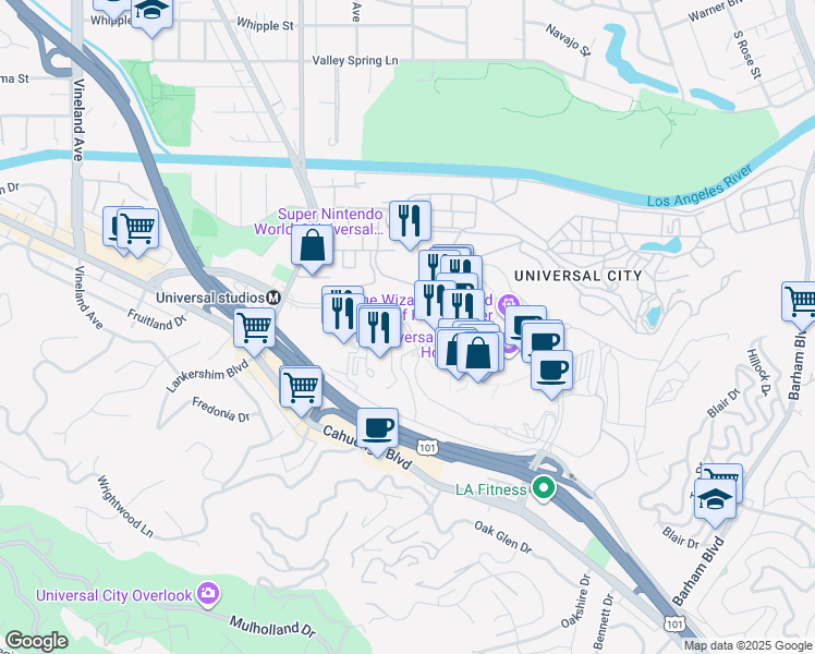 map of restaurants, bars, coffee shops, grocery stores, and more near Universal Hollywood Drive in Los Angeles