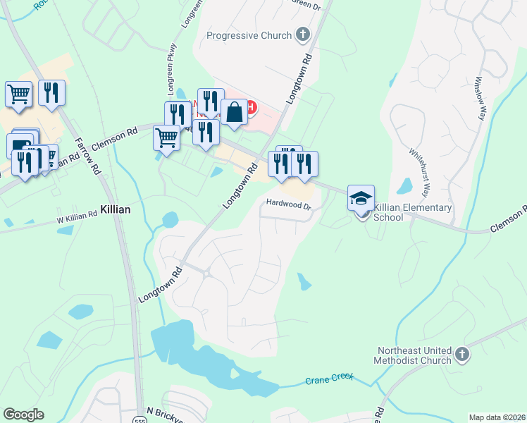 map of restaurants, bars, coffee shops, grocery stores, and more near 153 Hardwood Drive in Columbia