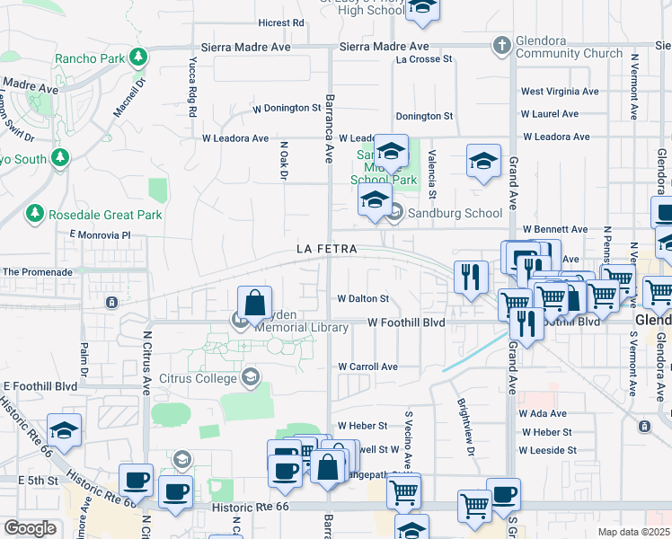map of restaurants, bars, coffee shops, grocery stores, and more near 160 North Barranca Avenue in Glendora