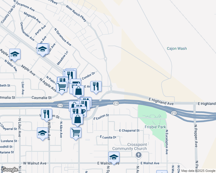 map of restaurants, bars, coffee shops, grocery stores, and more near North Oakdale Avenue in Rialto