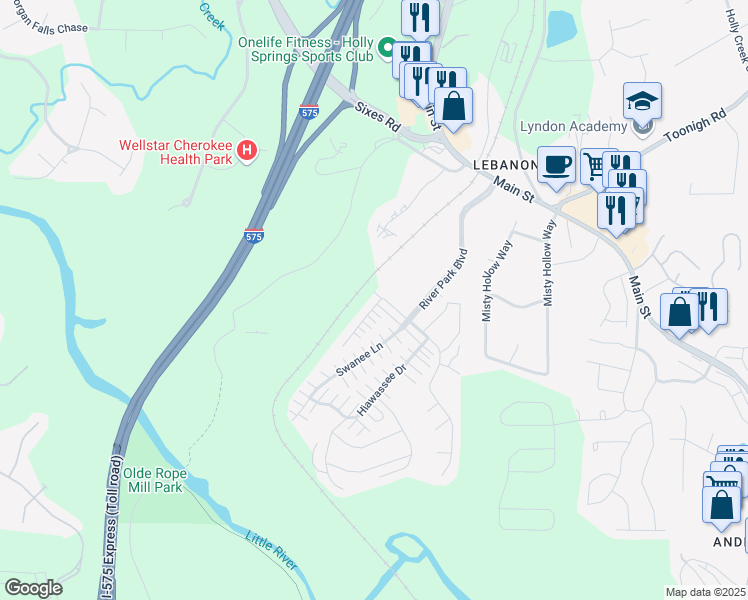 map of restaurants, bars, coffee shops, grocery stores, and more near 300 Pin Oak Avenue in Woodstock