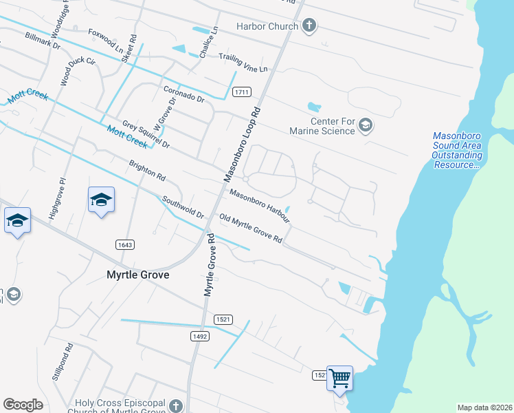 map of restaurants, bars, coffee shops, grocery stores, and more near 5126 Masonboro Harbour in Wilmington