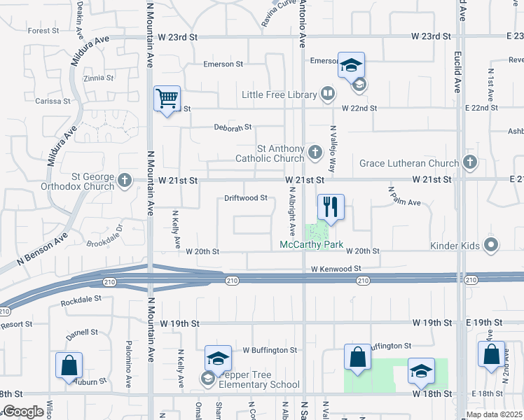 map of restaurants, bars, coffee shops, grocery stores, and more near 907 Pineridge Street in Upland
