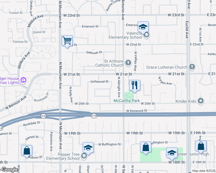 map of restaurants, bars, coffee shops, grocery stores, and more near 901 Pineridge Street in Upland