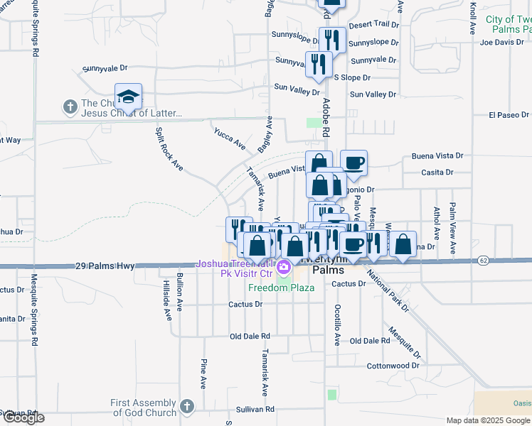 map of restaurants, bars, coffee shops, grocery stores, and more near 6365 Tamarisk Avenue in Twentynine Palms
