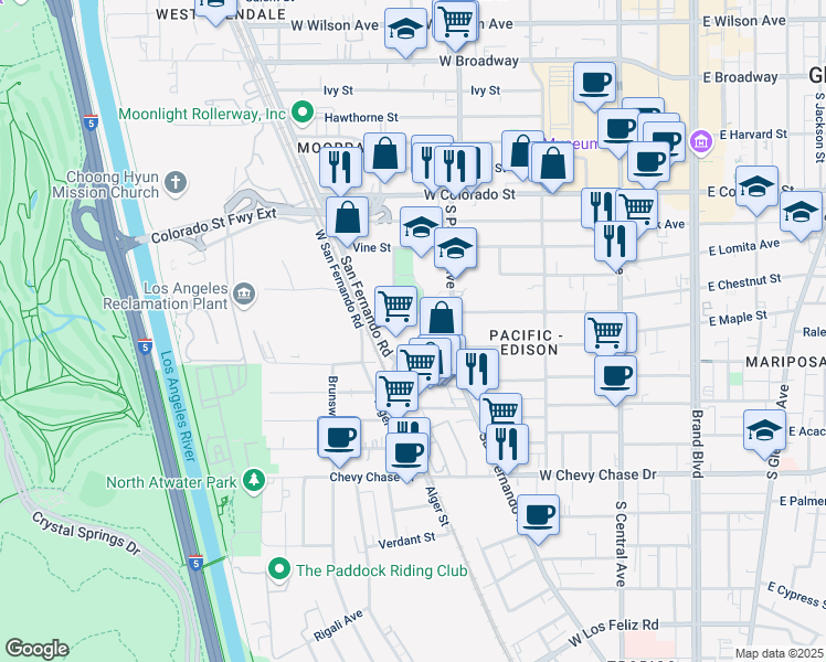 map of restaurants, bars, coffee shops, grocery stores, and more near 530 Riverdale Drive in Glendale