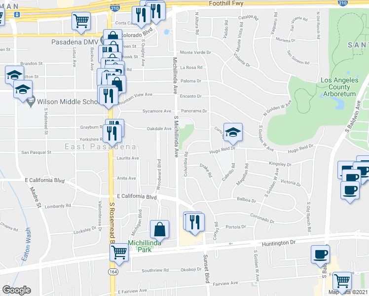 map of restaurants, bars, coffee shops, grocery stores, and more near 1153 Columbia Road in Arcadia