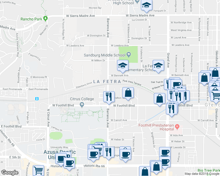 map of restaurants, bars, coffee shops, grocery stores, and more near 160 North Barranca Avenue in Glendora