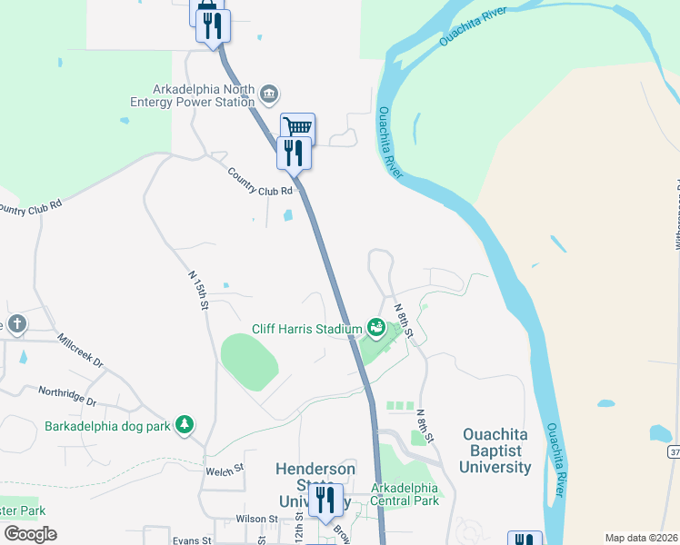 map of restaurants, bars, coffee shops, grocery stores, and more near 1060 Phelps Circle in Arkadelphia