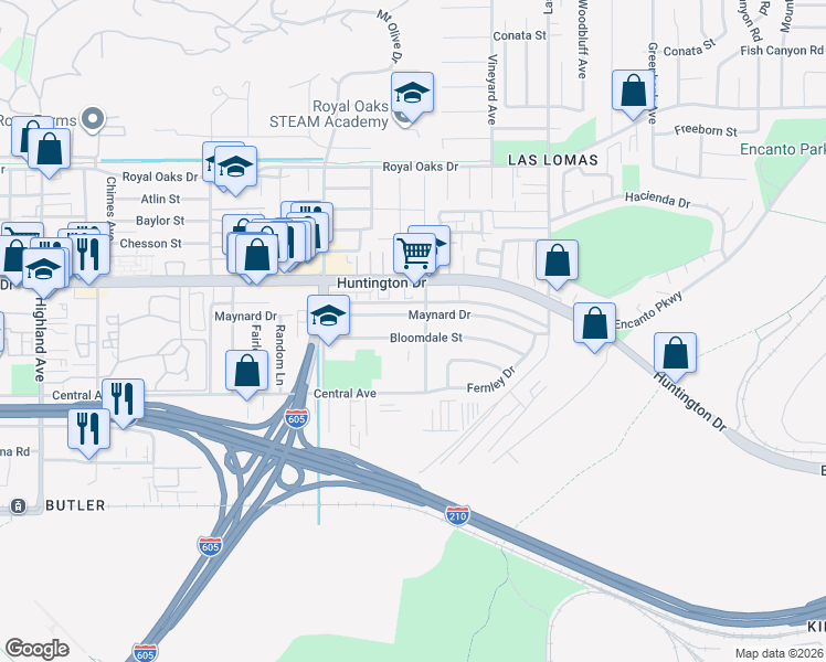 map of restaurants, bars, coffee shops, grocery stores, and more near 2437 Bloomdale Street in Duarte