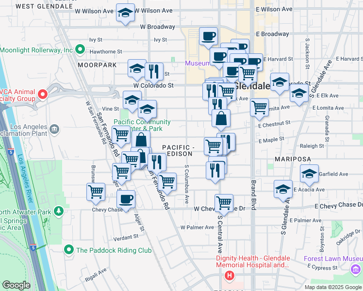map of restaurants, bars, coffee shops, grocery stores, and more near 615 South Columbus Avenue in Glendale