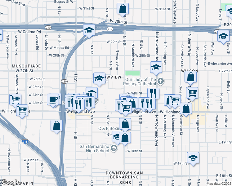 map of restaurants, bars, coffee shops, grocery stores, and more near 559 West 25th Street in San Bernardino