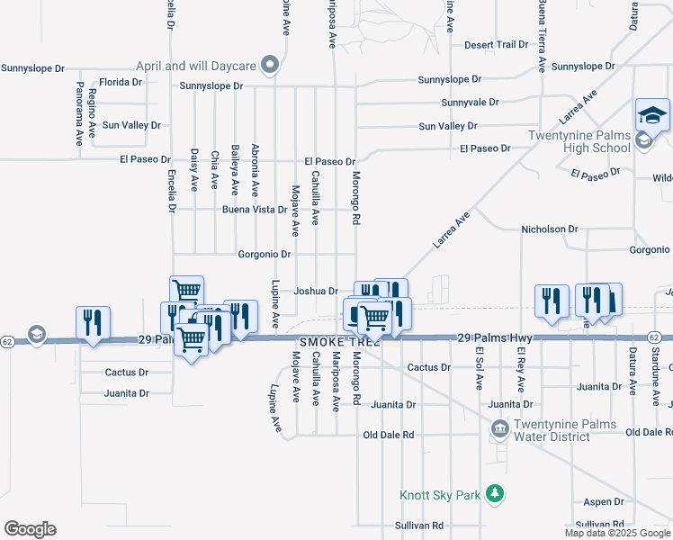 map of restaurants, bars, coffee shops, grocery stores, and more near 72043 Gorgonio Drive in Twentynine Palms