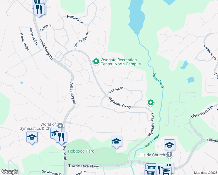 map of restaurants, bars, coffee shops, grocery stores, and more near 101 Cottage Oaks Lane in Woodstock