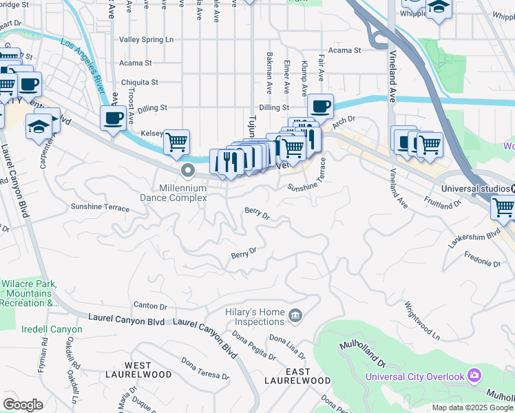 map of restaurants, bars, coffee shops, grocery stores, and more near 3764 Berry Drive in Los Angeles