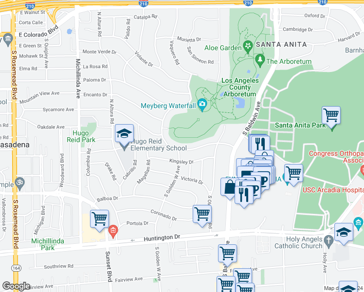 map of restaurants, bars, coffee shops, grocery stores, and more near 875 Hugo Reid Drive in Arcadia
