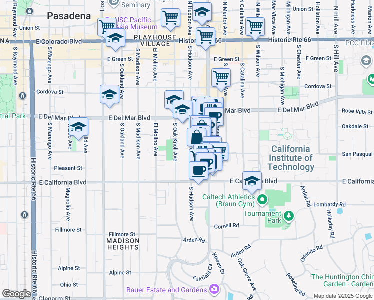 map of restaurants, bars, coffee shops, grocery stores, and more near 415 South Hudson Avenue in Pasadena