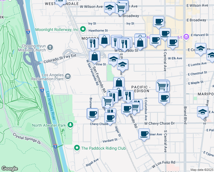 map of restaurants, bars, coffee shops, grocery stores, and more near 4720 San Fernando Road in Glendale