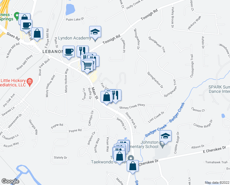 map of restaurants, bars, coffee shops, grocery stores, and more near 245 Fox Creek Boulevard in Woodstock