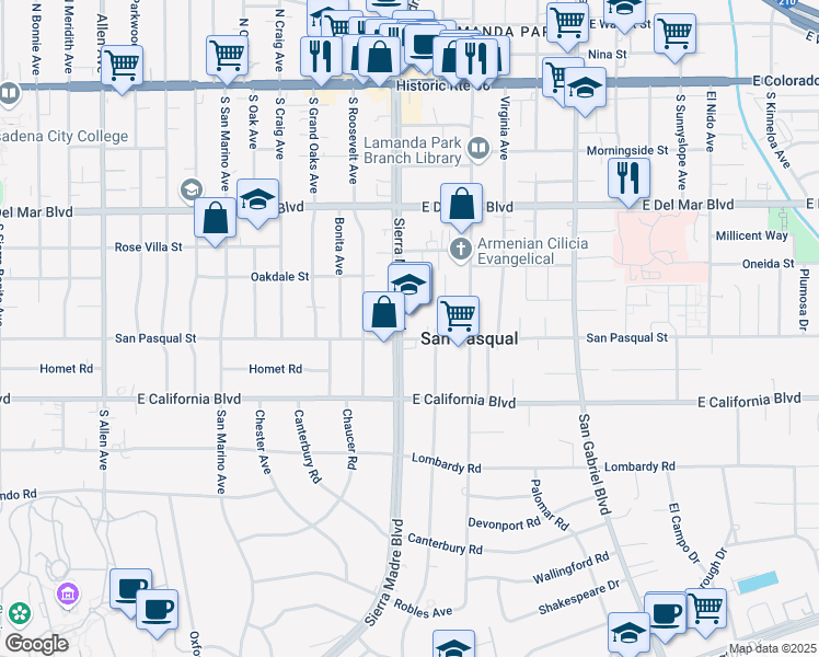 map of restaurants, bars, coffee shops, grocery stores, and more near 444 South Sierra Madre Boulevard in Pasadena
