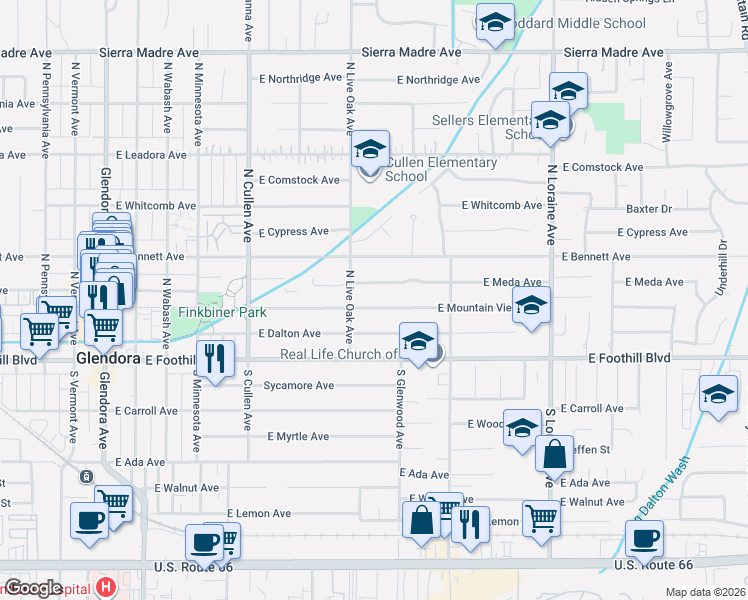 map of restaurants, bars, coffee shops, grocery stores, and more near 727 East Mountain View Avenue in Glendora