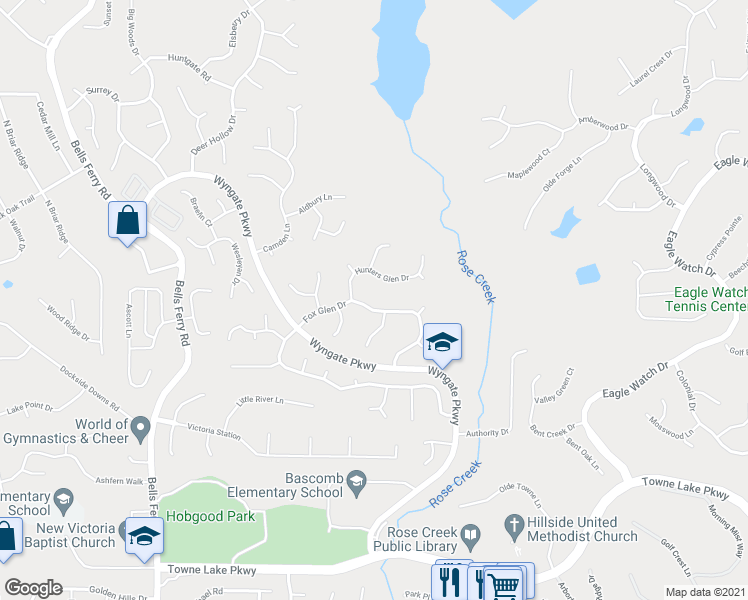 map of restaurants, bars, coffee shops, grocery stores, and more near 3982 Fox Glen Drive in Woodstock