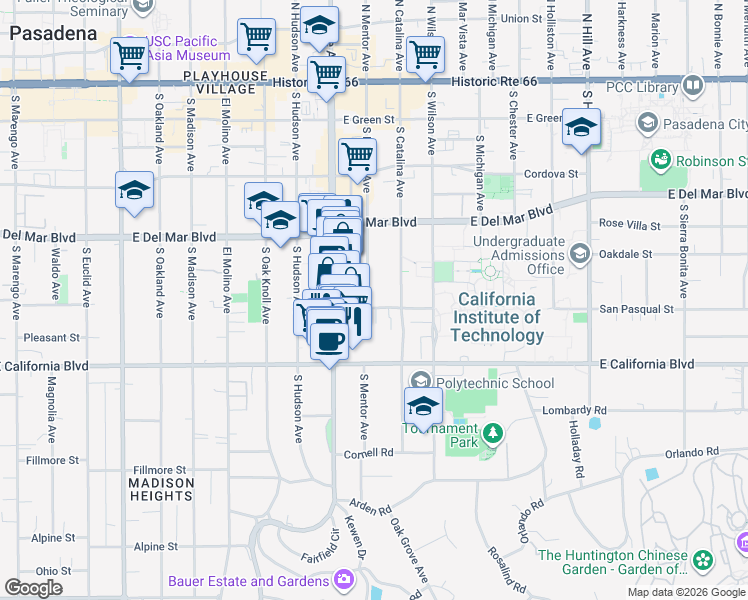 map of restaurants, bars, coffee shops, grocery stores, and more near 441 South Mentor Avenue in Pasadena