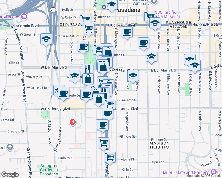 map of restaurants, bars, coffee shops, grocery stores, and more near East Bellevue Drive in Pasadena