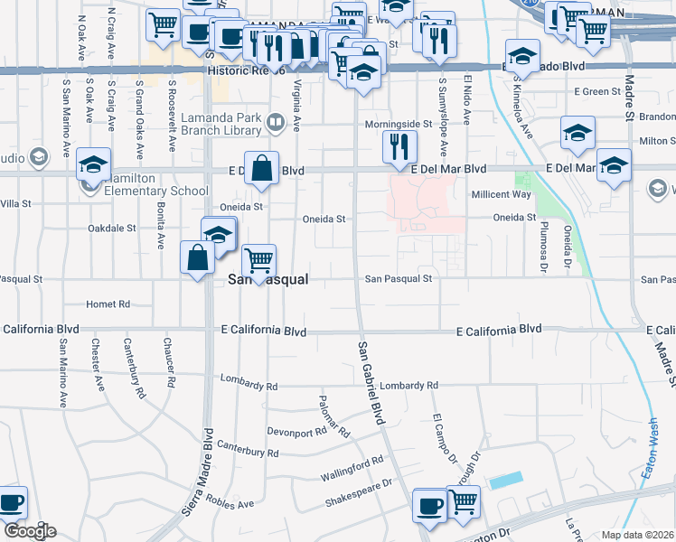 map of restaurants, bars, coffee shops, grocery stores, and more near 435 South San Gabriel Boulevard in Pasadena