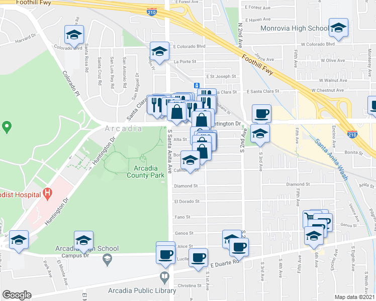 map of restaurants, bars, coffee shops, grocery stores, and more near in Arcadia