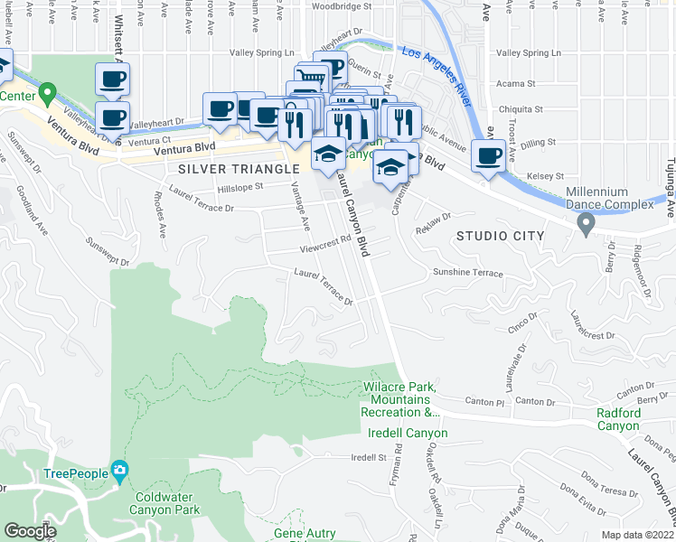map of restaurants, bars, coffee shops, grocery stores, and more near 3747 Mound View Avenue in Los Angeles