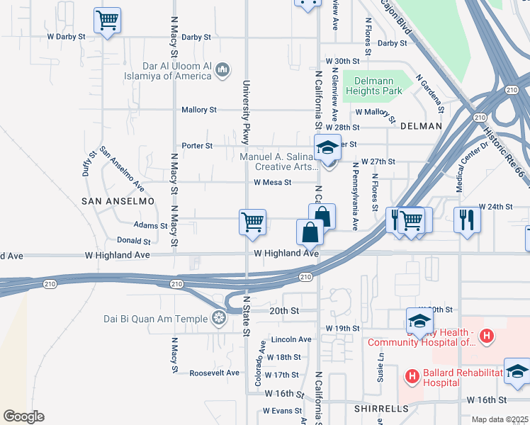 map of restaurants, bars, coffee shops, grocery stores, and more near 1980 Adams Street in Muscoy