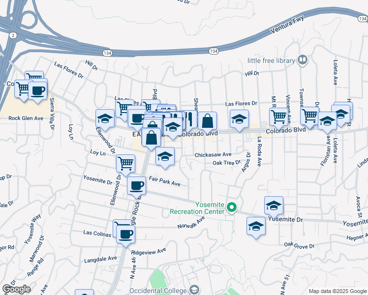 map of restaurants, bars, coffee shops, grocery stores, and more near 5062 North Maywood Avenue in Los Angeles