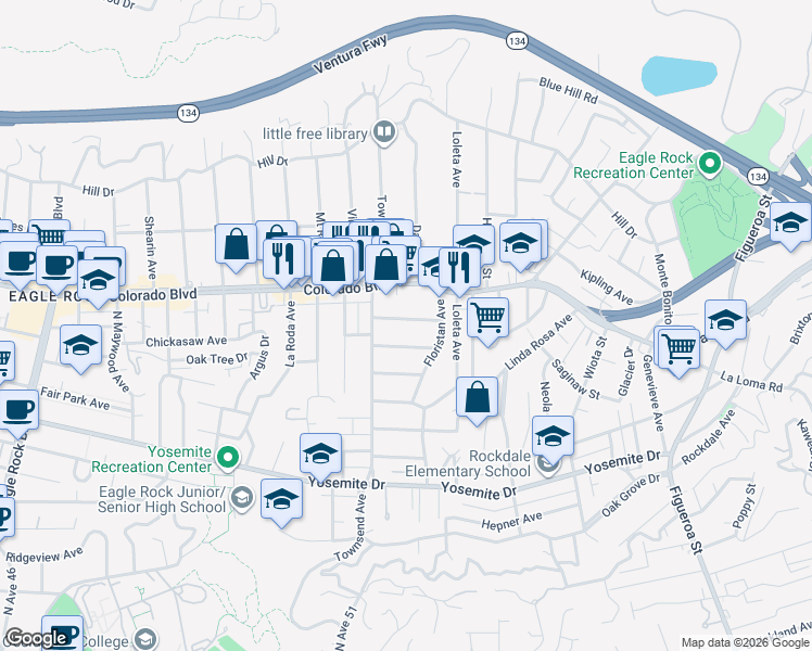 map of restaurants, bars, coffee shops, grocery stores, and more near 1560 Waldran Avenue in Los Angeles