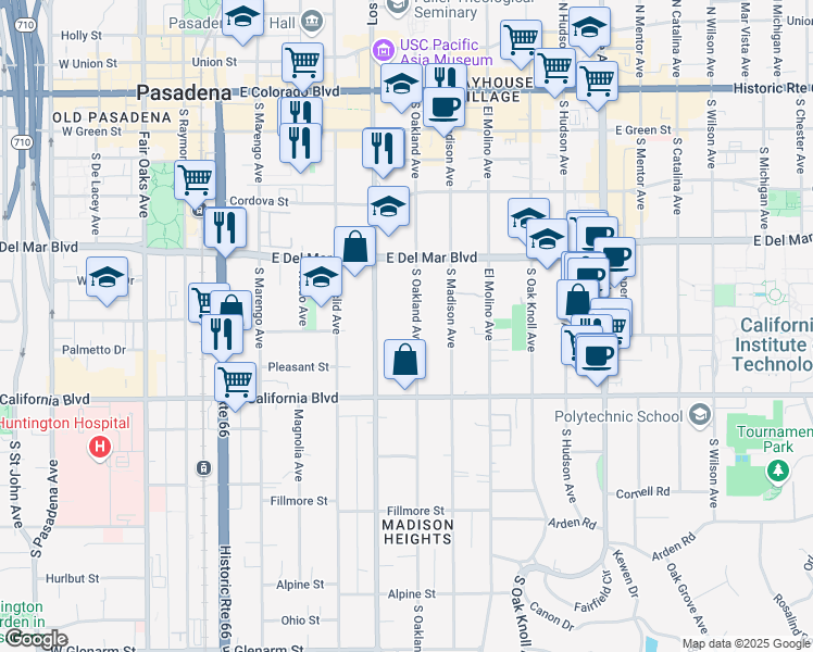map of restaurants, bars, coffee shops, grocery stores, and more near 443 South Oakland Avenue in Pasadena