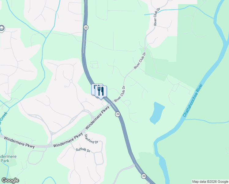 map of restaurants, bars, coffee shops, grocery stores, and more near 3235 Riverhill Court in Cumming