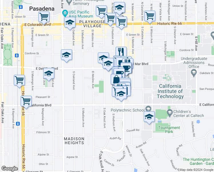 map of restaurants, bars, coffee shops, grocery stores, and more near 448 South Oak Knoll Avenue in Pasadena