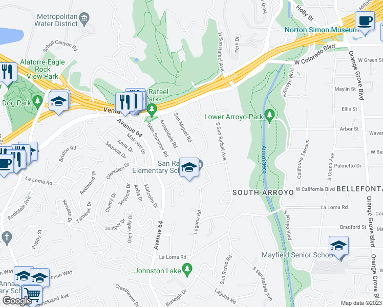 map of restaurants, bars, coffee shops, grocery stores, and more near 209 San Miguel Road in Pasadena